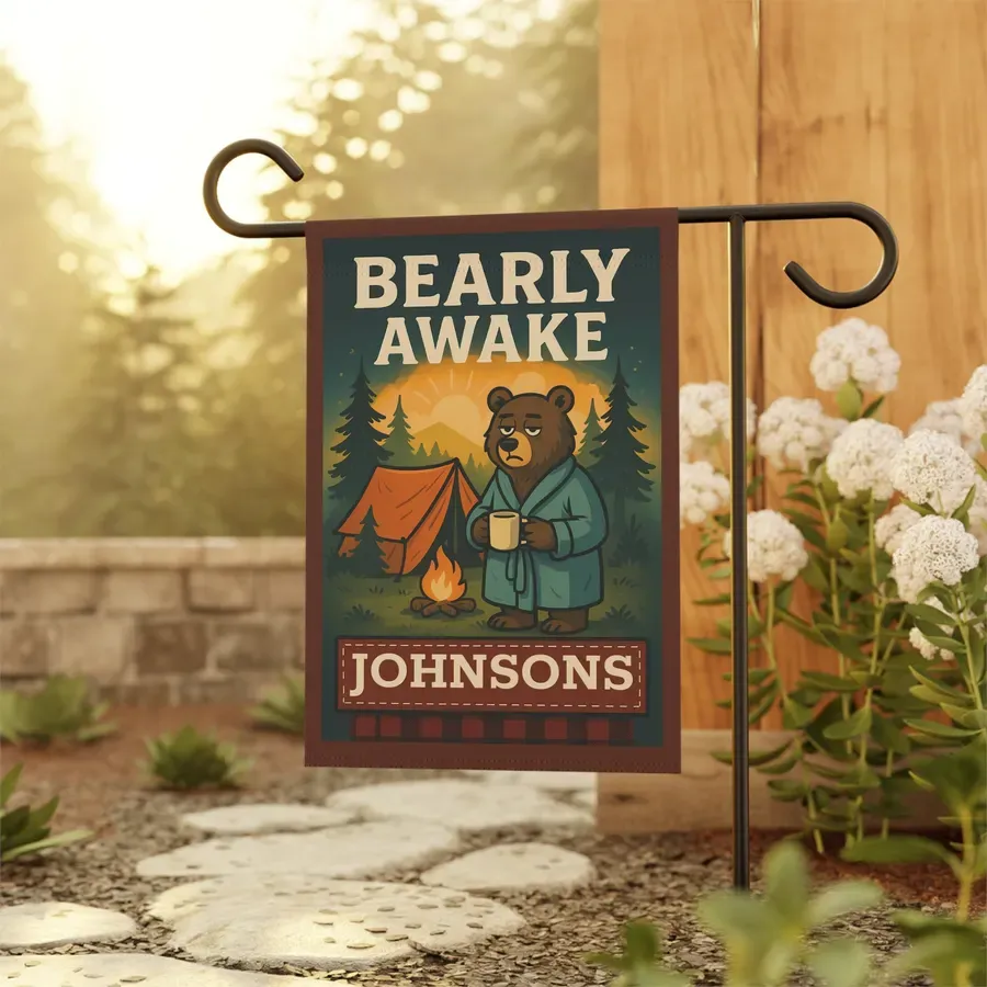 Bearly Awake Personalized Garden Flag: Camping Bear Welcome Banner