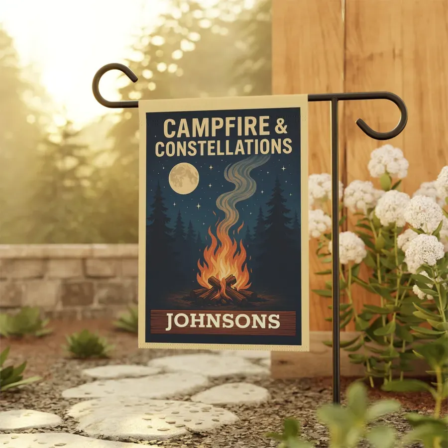 Campfire & Constellations Garden Flag: Personalized Outdoor Banner (Custom Family Name)