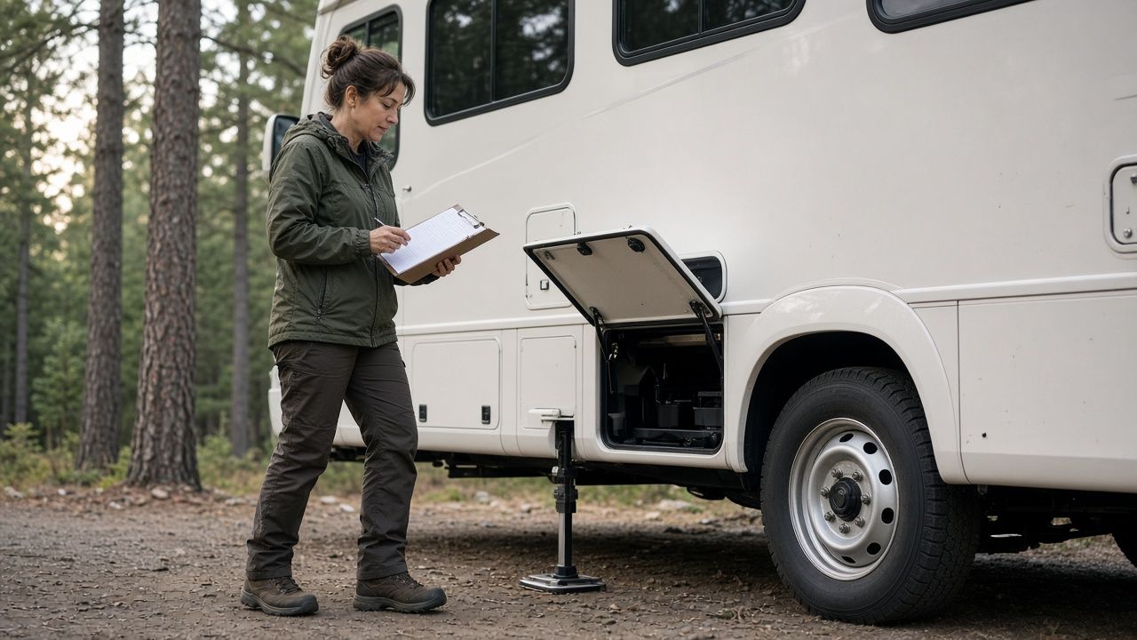 A woman in a green jacket holding a clipboard and checking items beside a white motorhome with an open storage bay and a leveling jack down, in a pine forest.