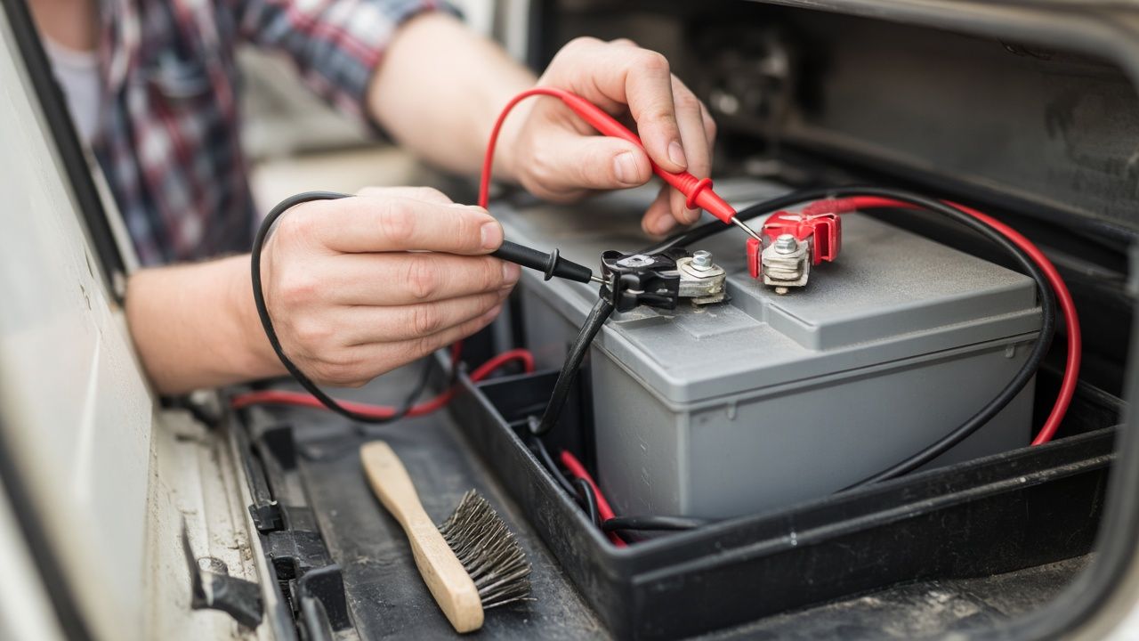 Two hands holding multimeter probes on the terminals of a gray deep-cycle battery inside an RV compartment, with a wire brush nearby.