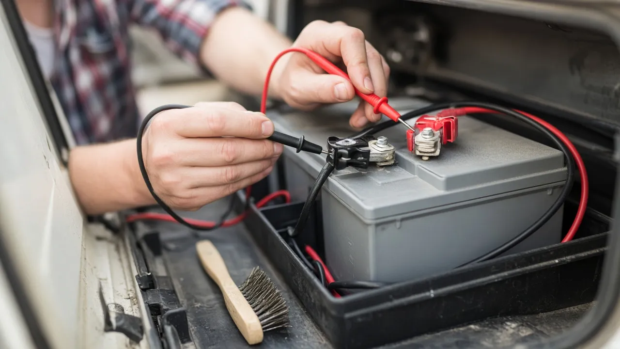 Two hands holding multimeter probes on the terminals of a gray deep-cycle battery inside an RV compartment, with a wire brush nearby.