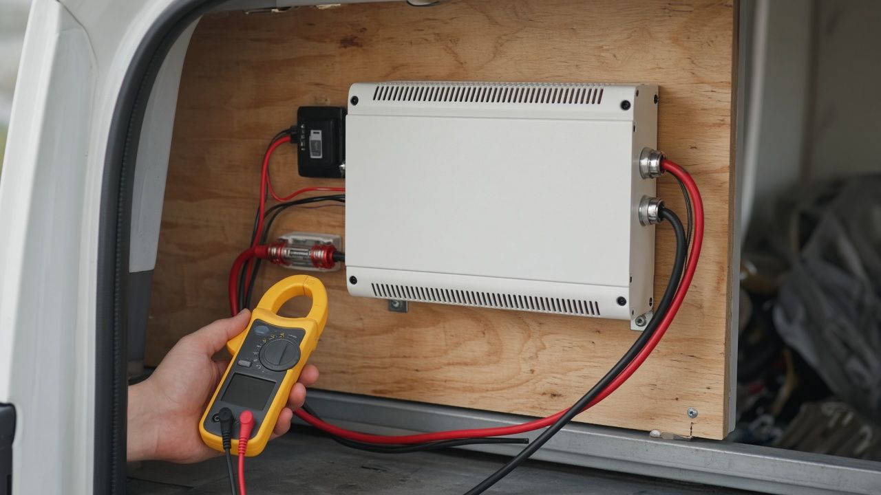 A white inverter mounted on plywood inside an RV compartment with heavy red and black cables, a fuse, and a hand holding a clamp meter.