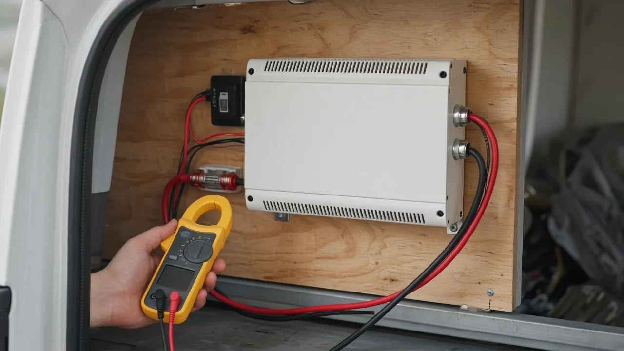 A white inverter mounted on plywood inside an RV compartment with heavy red and black cables, a fuse, and a hand holding a clamp meter.