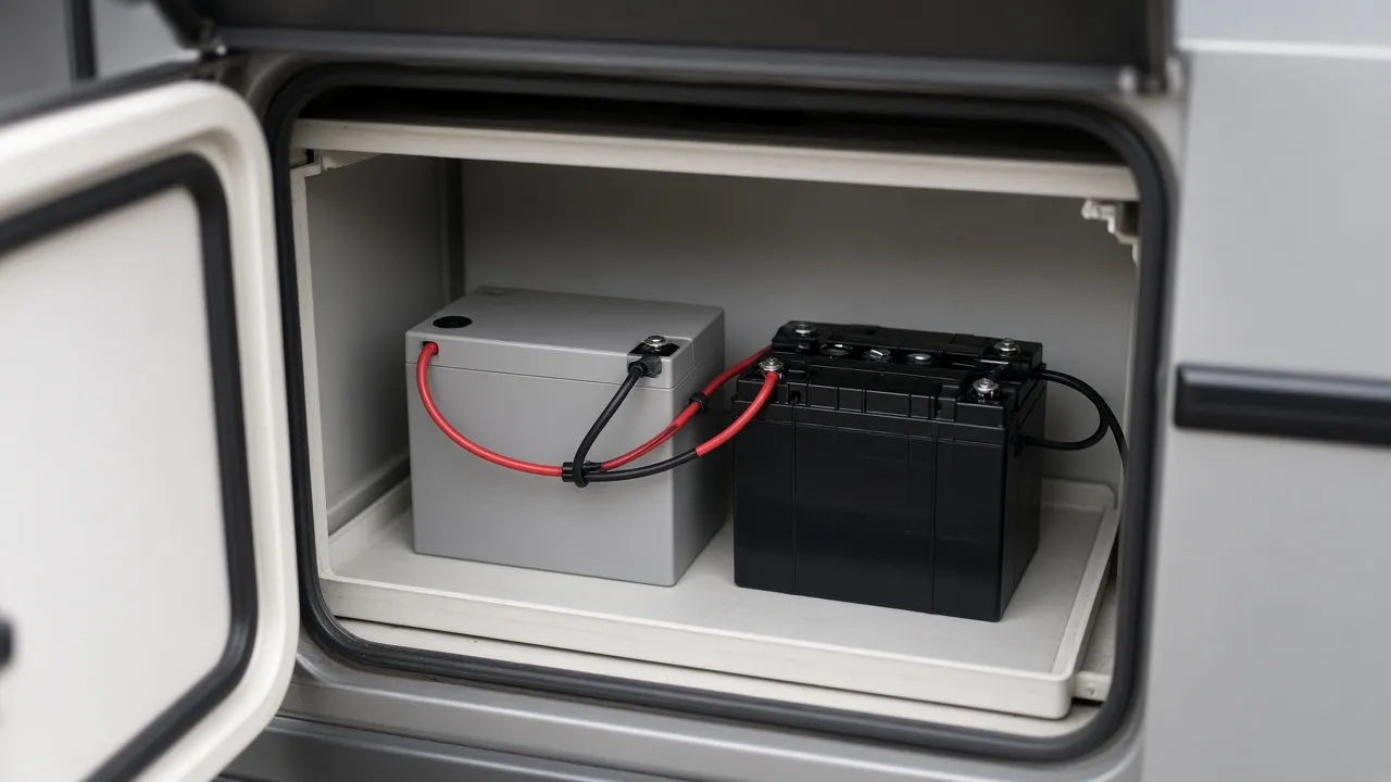 An open RV battery bay with a gray lithium battery and a black AGM battery side by side on a tray, joined by red and black cables.