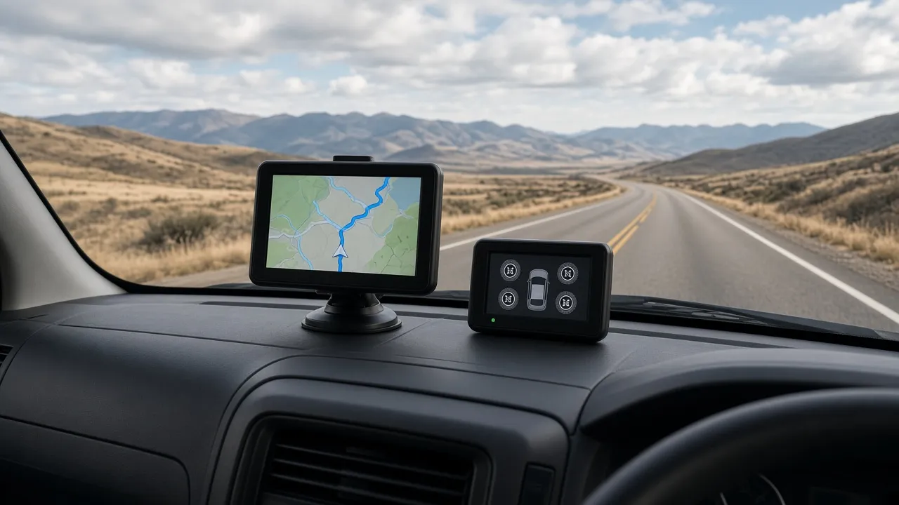 The dashboard of a motorhome with a GPS showing a route and a small tire monitor display, looking out at an empty highway through mountains.
