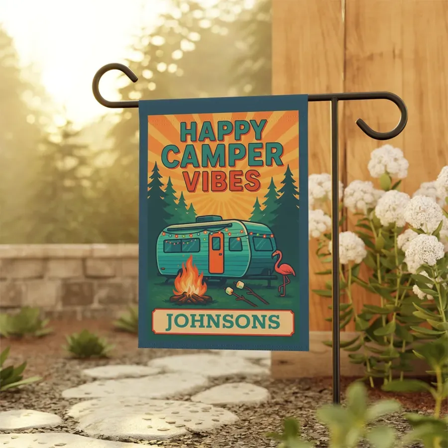 Happy Camper Vibes Garden Flag: Personalized Camping Banner