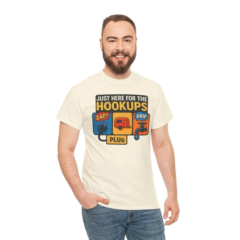Just Here for the Hookups: Retro RV Camping Humor, Vintage Comic-Style Graphic Design Funny Camping Tee