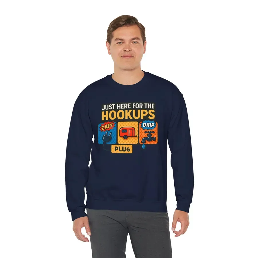 Just Here for the Hookups: Retro RV Camping Humor, Vintage Comic-Style Graphic Design Funny Camping Sweatshirt