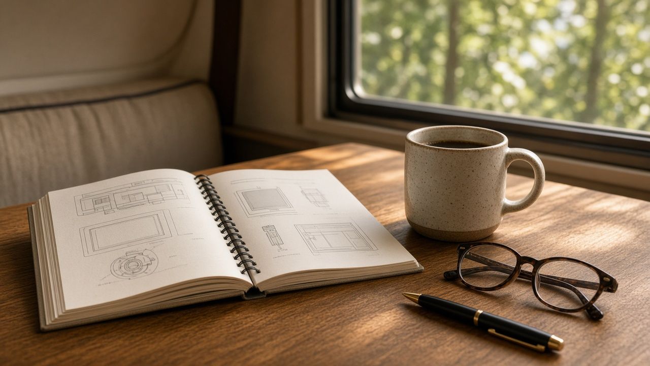 An open spiral-bound manual with wiring and appliance diagrams on a wooden dinette table, next to a coffee mug, reading glasses, and a pen, with trees outside the RV window.