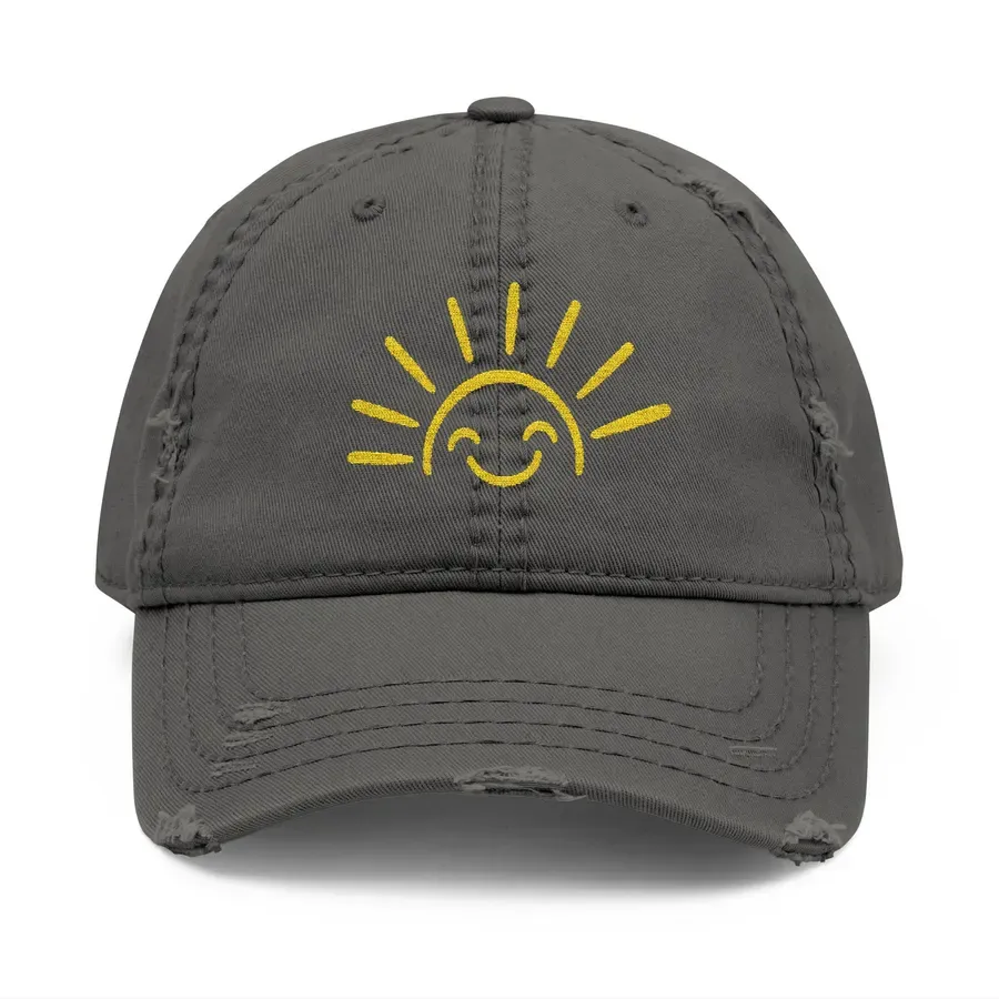 Smiley Sun Embroidered Distressed Dad Hat