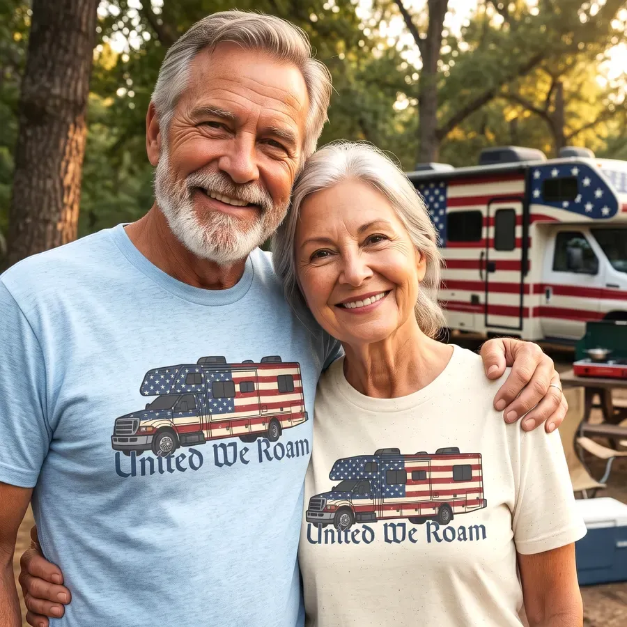 United We Roam Super-C RV | Patriotic Camper Tee