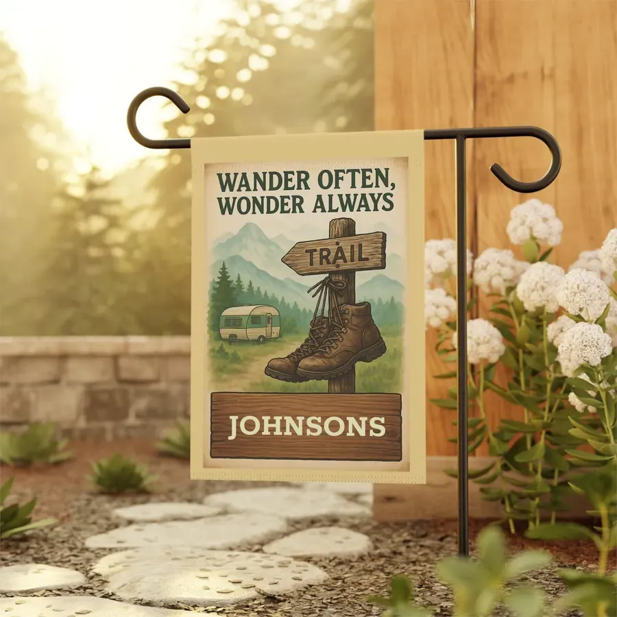 Wander Often, Wonder Always Garden Flag: Personalized Hiking Trail Welcome Banner