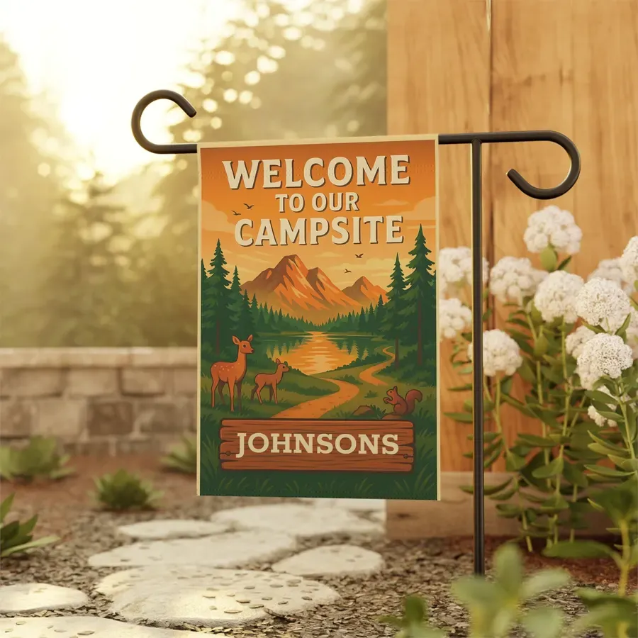 Welcome to Our Campsite Garden Flag: Personalized Outdoor Banner with Mountain, Deer & Forest Design