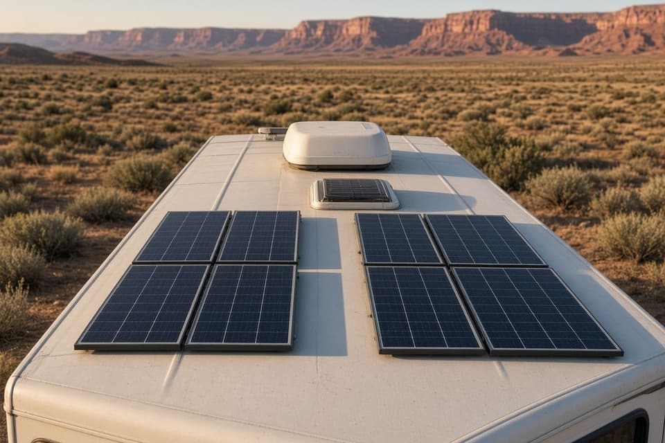Solar panels mounted on the white roof of a motorhome parked in the desert at golden hour